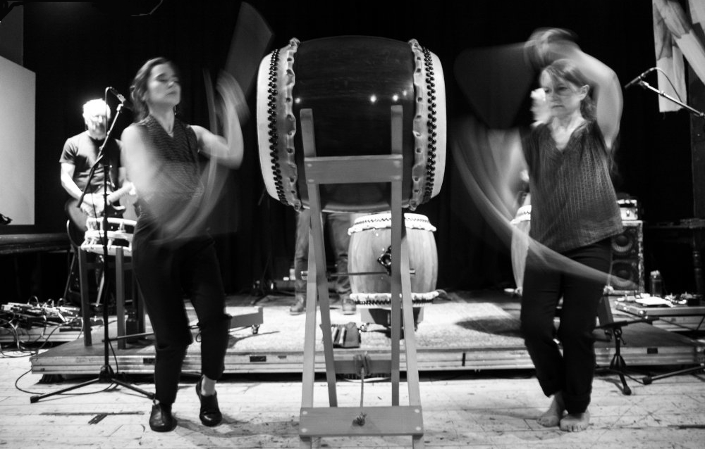 Painted X-Ray at The Old Hairdresser's, 2026, with Alison and Yumi playing Hachijo style taiko